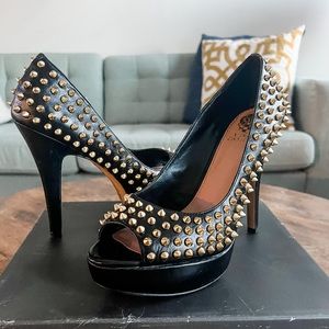 Vince Camuto Mandie Platform Heel ~ Black Leather with Gold Studs